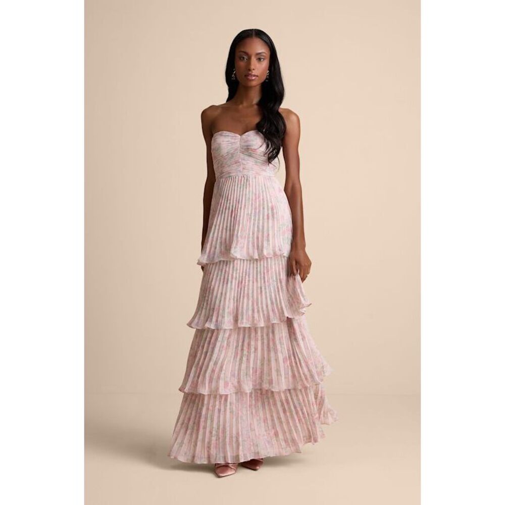 Lulu's Blush Pink Floral Strapless Tiered Maxi Dress